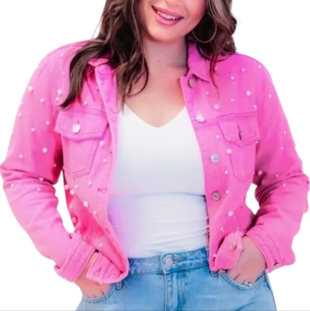 Jess Lea Hot Pink Collared Longsleeve Jean Jacket All Over Pearl Embellished